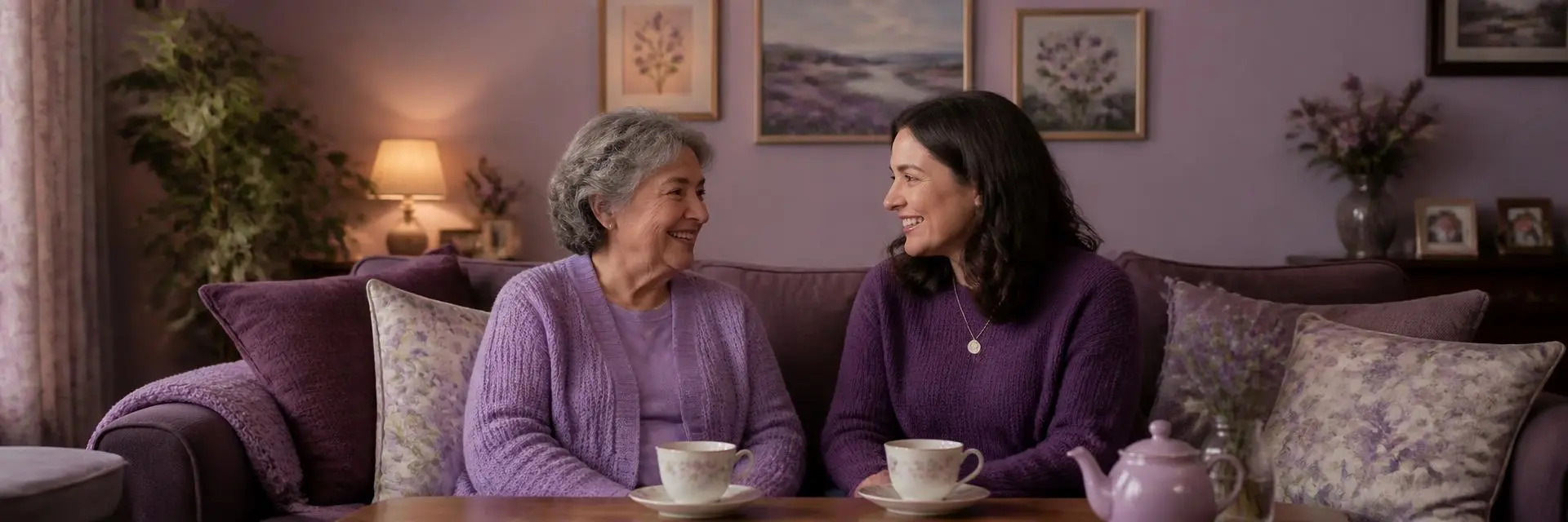 An older woman and her adult daughter talking together at home