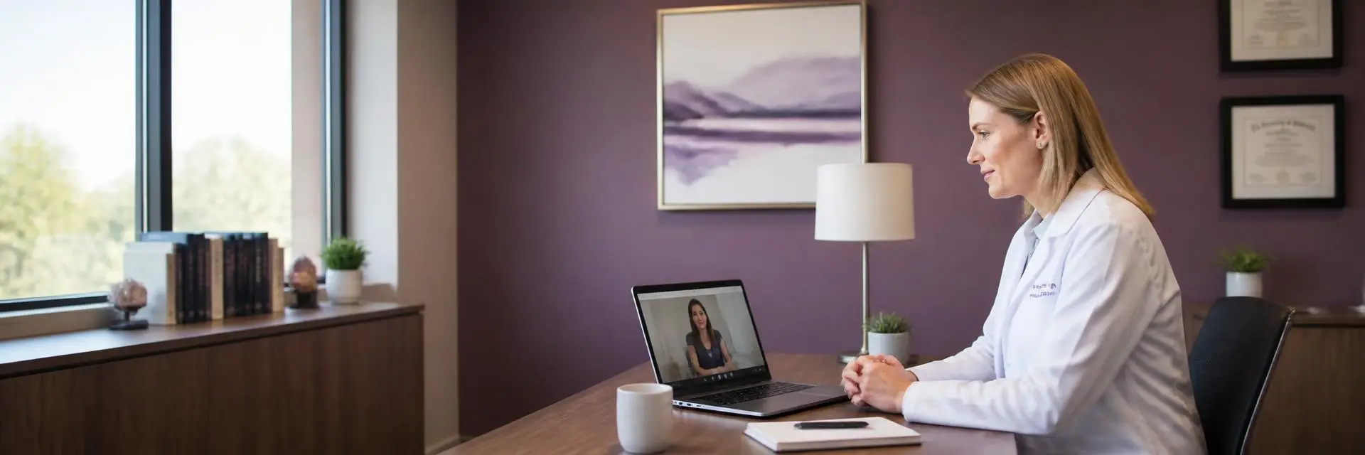 Clinician conducting a secure telepsychiatry visit from a private office