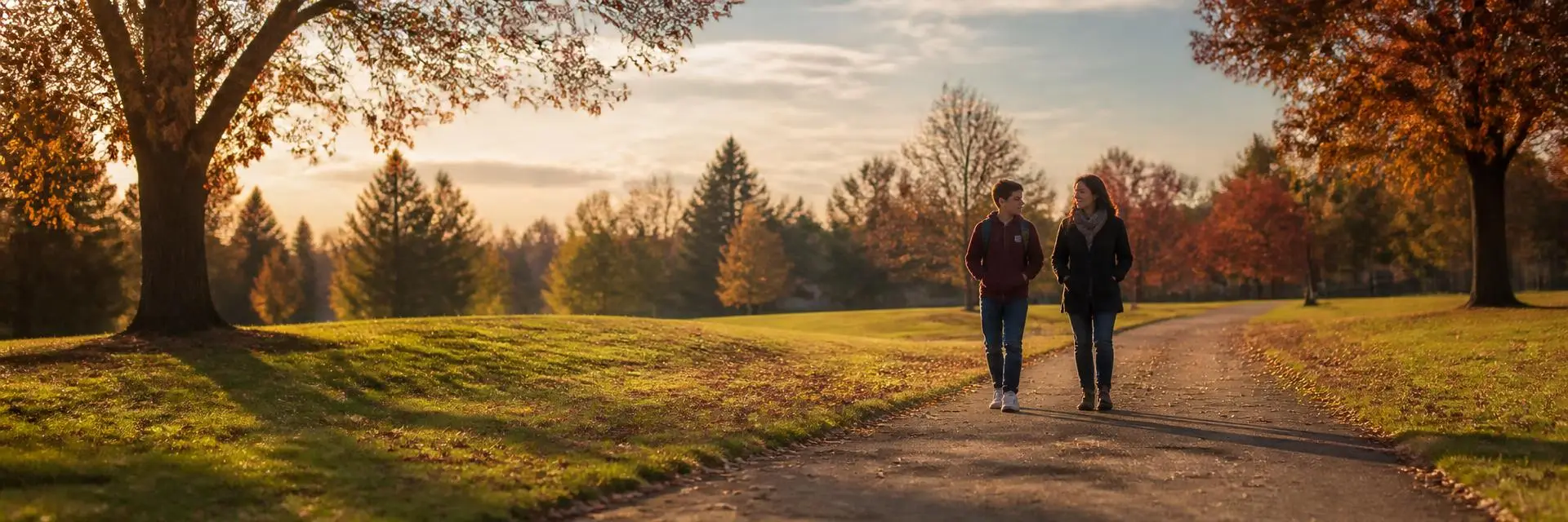 A teen and parent walking together on a tree-lined path